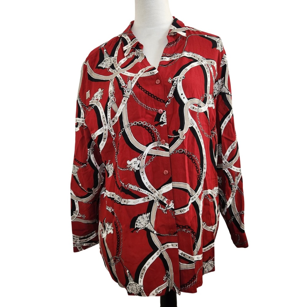 Chico's 3 Womens XL Red Chain Belt Print Button Up Blouse Old Money‎ Equestrian